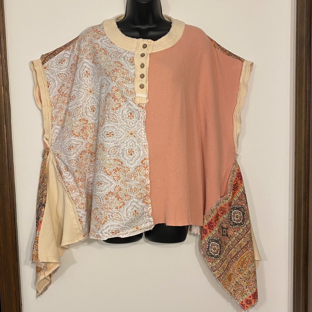 Oli & Hali Mixed Media Boho Henley Poncho Top Peach Paisley Waffle Knit Large